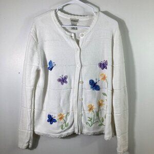 Womens Vintage‎ Sears Classic Elements White Cardigan Embroidered Butterflies L